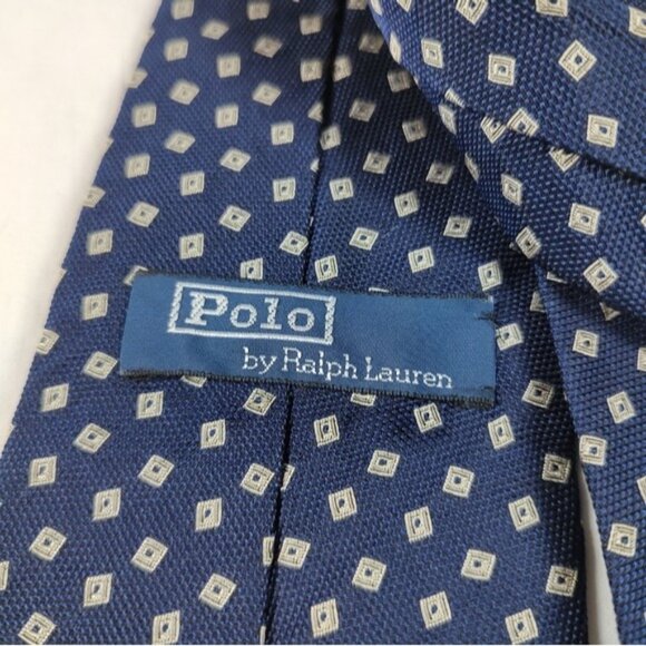 Vintage Polo Ralph Lauren Dark Blue Small Squares Geometric Silk Tie - Picture 7 of 8